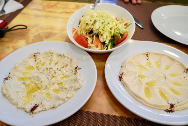 Humos, babaganush, and salad