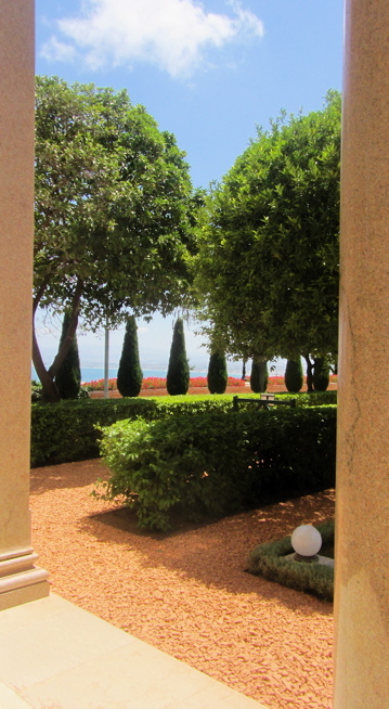 Baha'i garden seen from shrine steps.